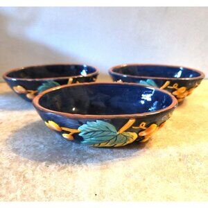 Set of 3 Dark Blue Tuscan Oval Pottery Bowls Vino Bianco Grapes Design Ceramic